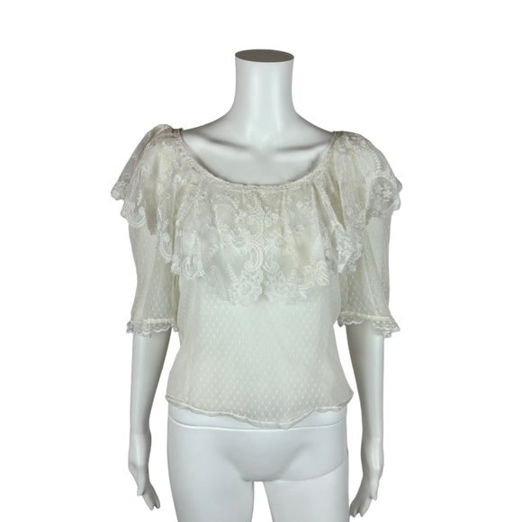 Vintage 80s Lace Top White Dotted Swiss Large Collar Women's Shirt - Picture 1 of 11
